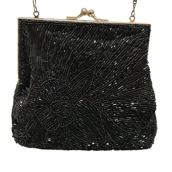 Handbags - Women’s Vintage Black Beaded Clutch Shoulder Bag Purse Formal Elegant Party